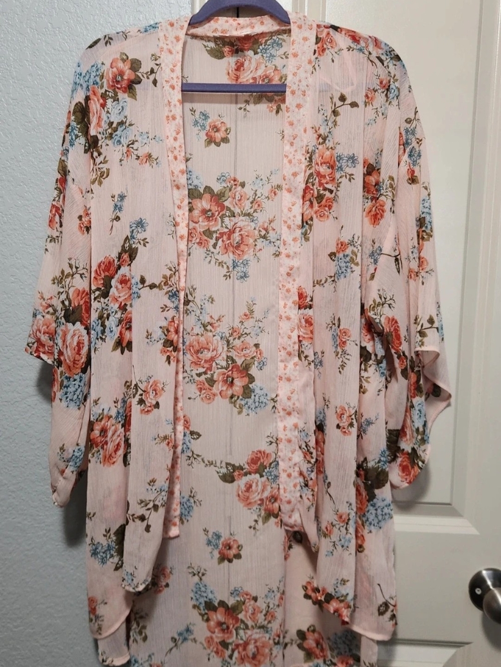 Boho Floral Open-Front Kimono Cover-Up in Blush Pink